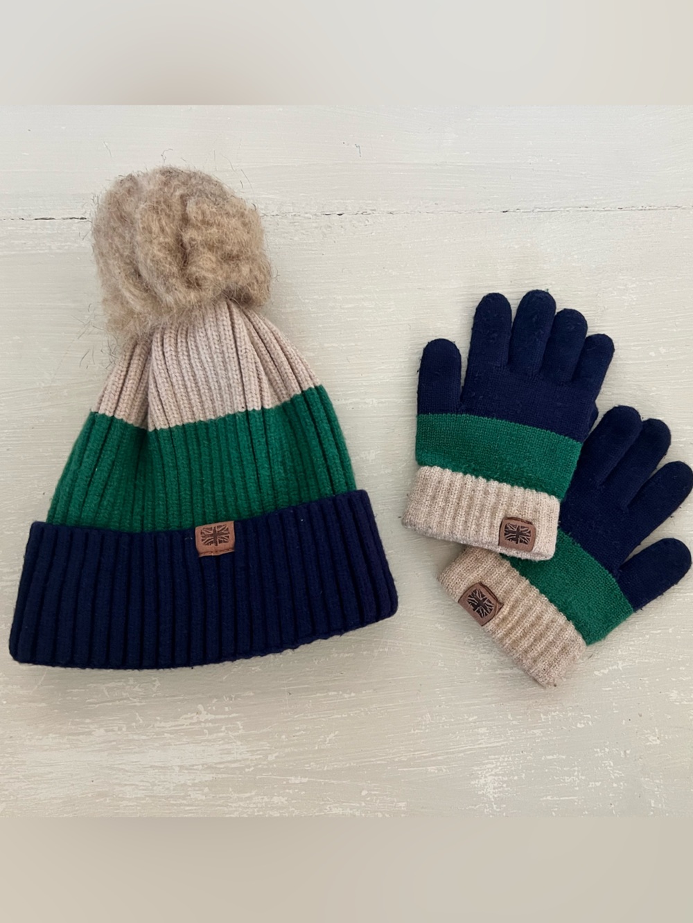Britt’s Knits Kids Wonderland Pom Beanie Hat Gloves Set Green Navy Tan